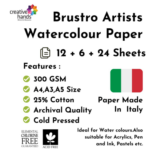 BRUSTRO Artists Watercolour Paper | 300 GSM, A4, 25% Cotton, Cold Pressed | Pack of 12 Sheets | Ideal for Artist, Professional Drawing, Painting Dry & Wet, Fine Art, School, Students, Watercolor