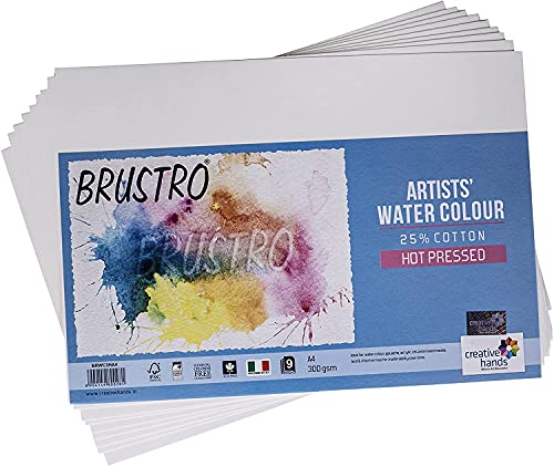 Brustro Artists Watercolour Paper, 300 GSM, A4-25% Cotton Hot Pressed, 9 Sheets
