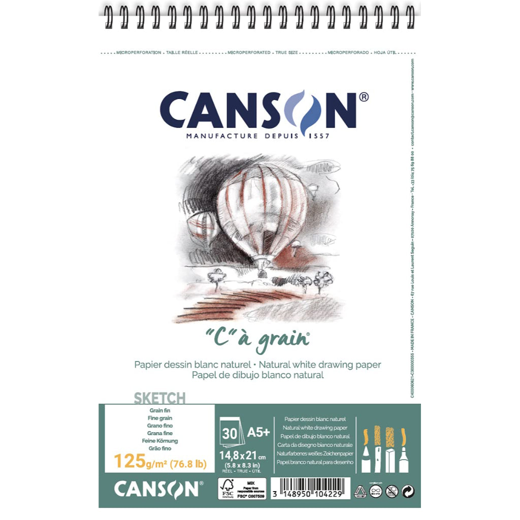 Canson C Grain Drawing 125 Gsm Fine Grain 14.8 X 22.7 Cm Paper Spiral Pad(Natural White- 30 Sheets)