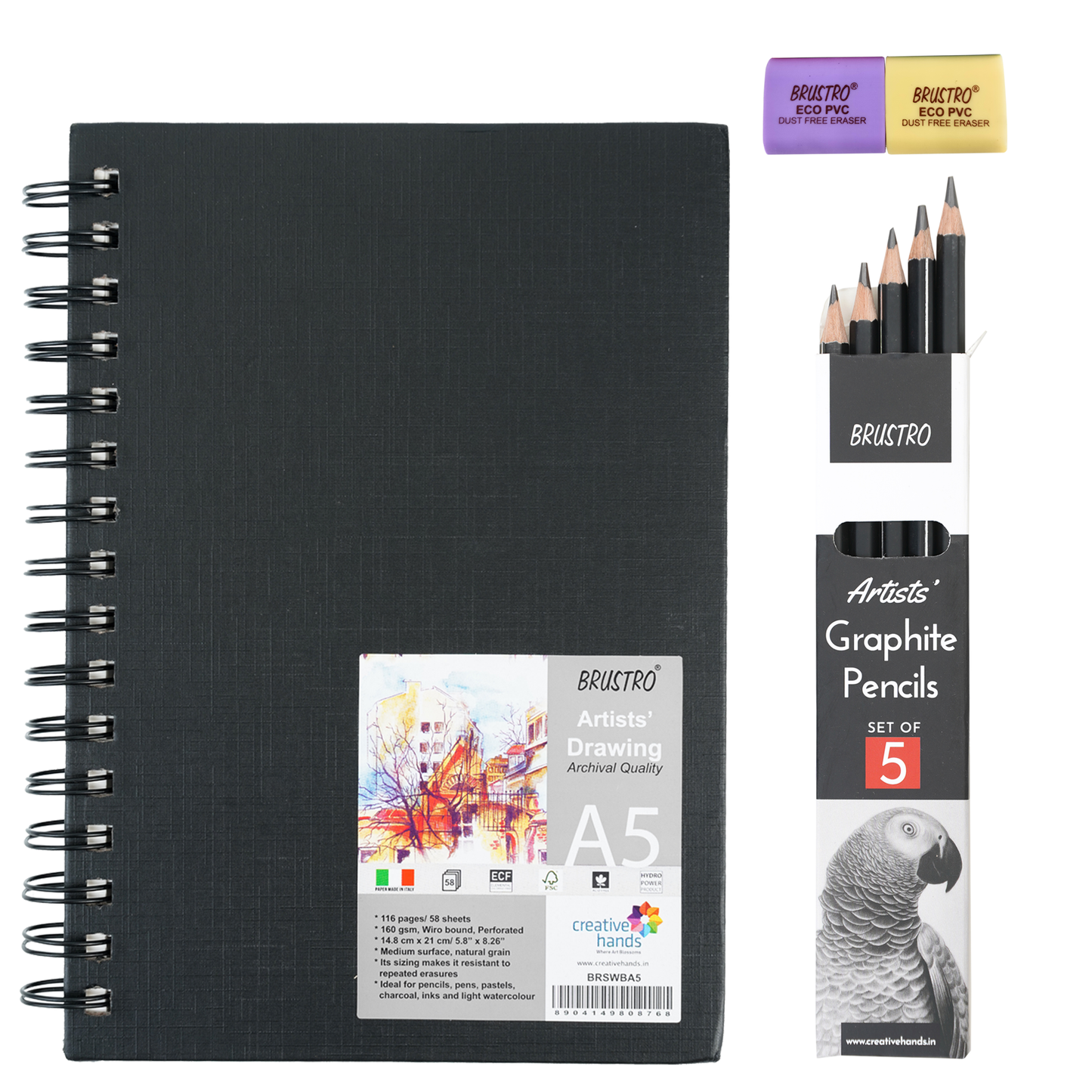 BRUSTRO Graphite Pencil set of 5 (2B, 4B, 6B, 8B, 10B) with Artists Sketch Book Wiro Bound A5 Size (14.8 CM x 21 CM), 116 Pages,160 GSM (Acid Free) and ECO PVC dust Free Erasers (2 Pcs)