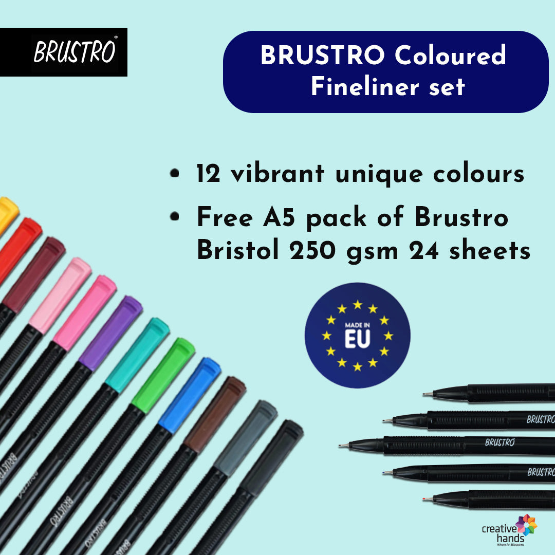 BRUSTRO Coloured Fineliner Set of 12 | Assorted Colours | 0.4mm | Ideal for Writing, Drawing, Coloring, Sketching, Doodles, Mandala Art & BRISTOL Ultra-Smooth Paper | A5, 250 gsm, 20+4 sheets/48 pages