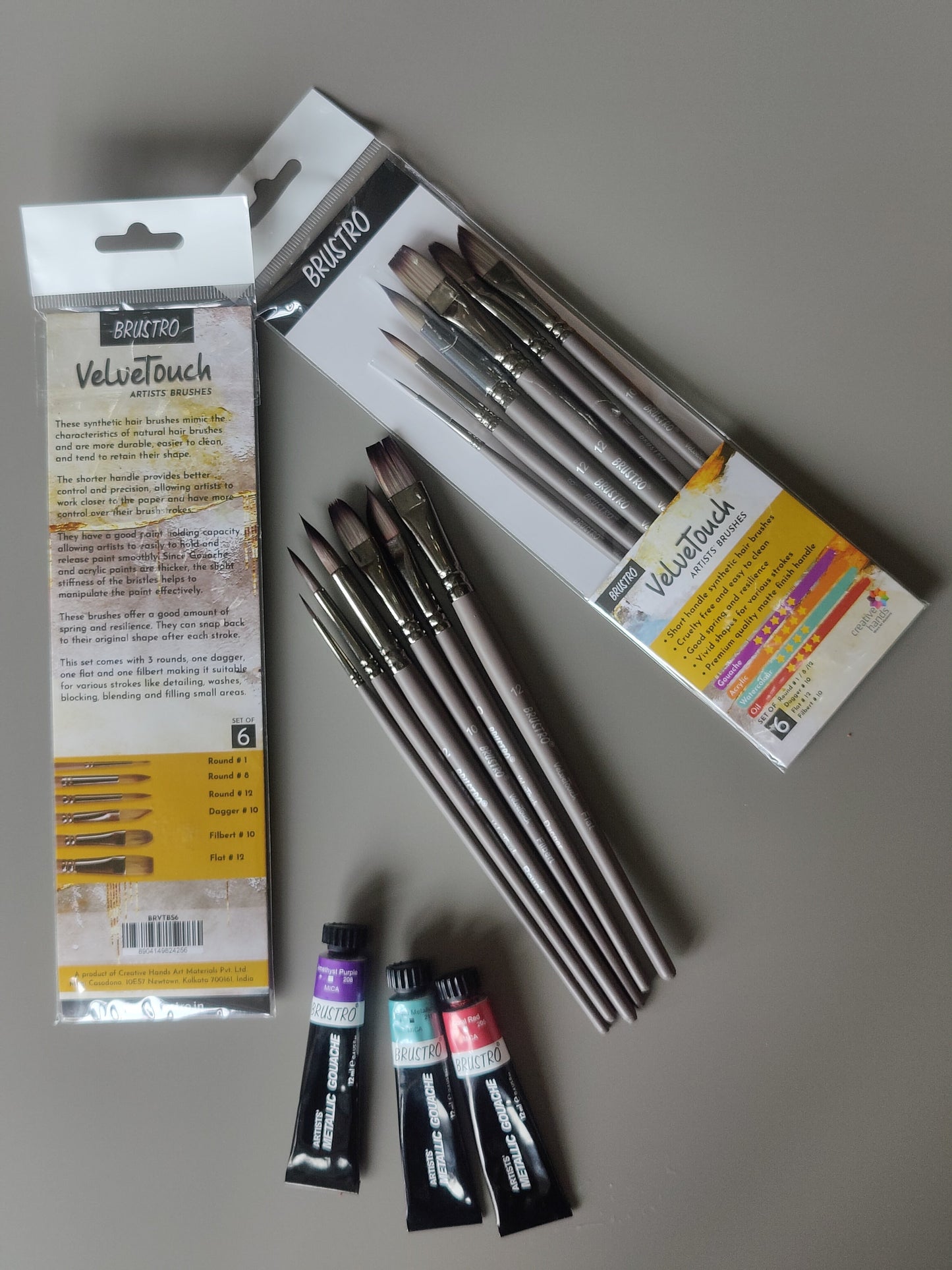 BRUSTRO VelveTouch Artist Brushes  | Set of 6 | Gouache, Acrylics, Watercolor, and Oil Painting | Short Handle, Synthetic Bristles, Round, Filbert, Dagger, Flat Shape