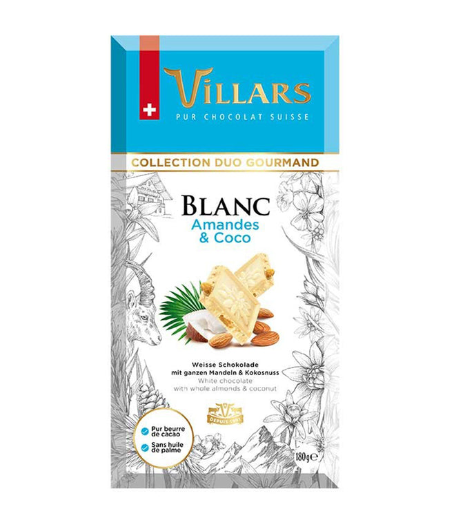 5x VILLARS White Chocolate With Whole Almond & Coconut Bar - 180 g each - Pack of 5
