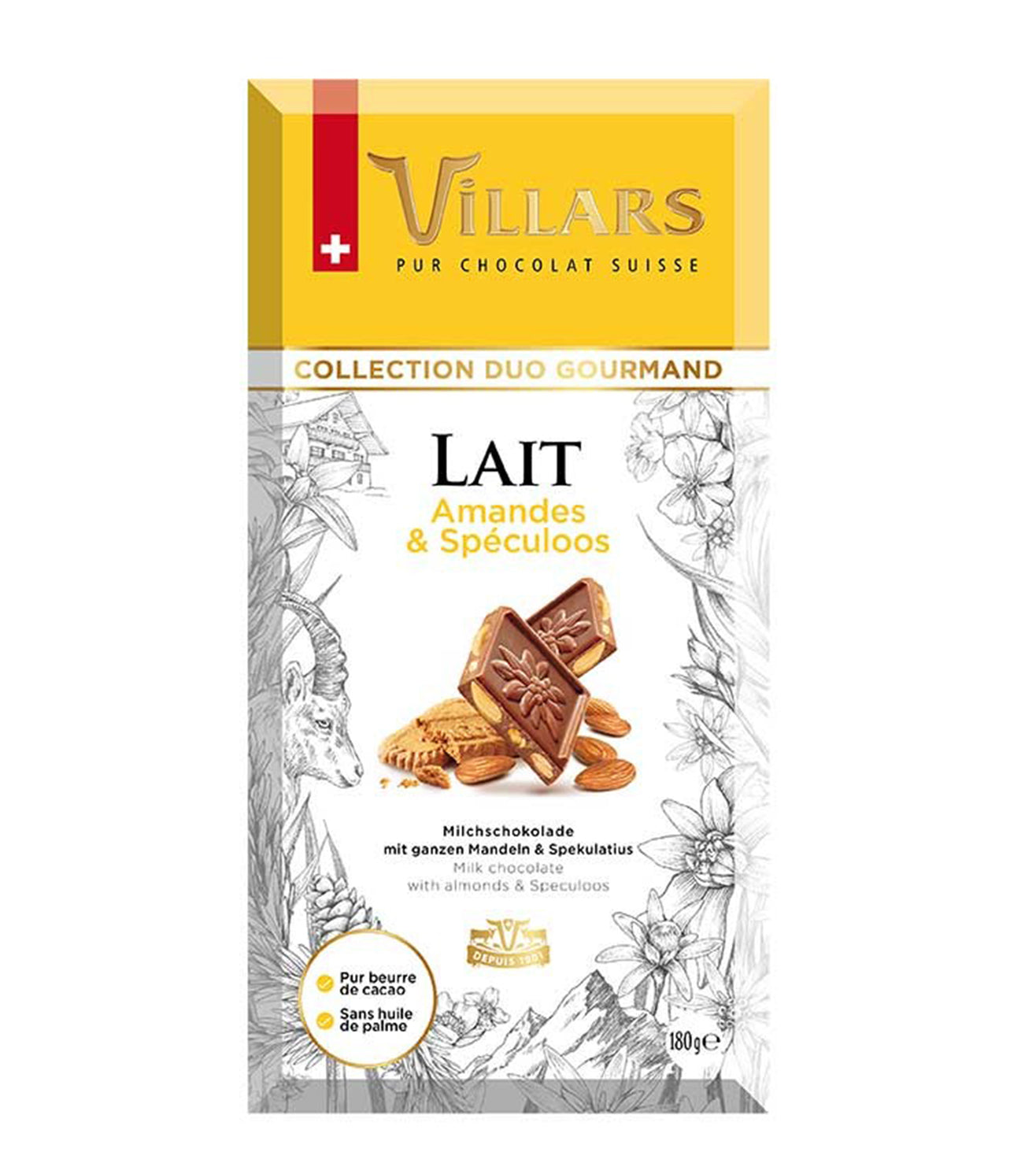 5x VILLARS Milk Chocolate With Whole Almonds & Speculoos Bar - 180 g each - Pack of 5