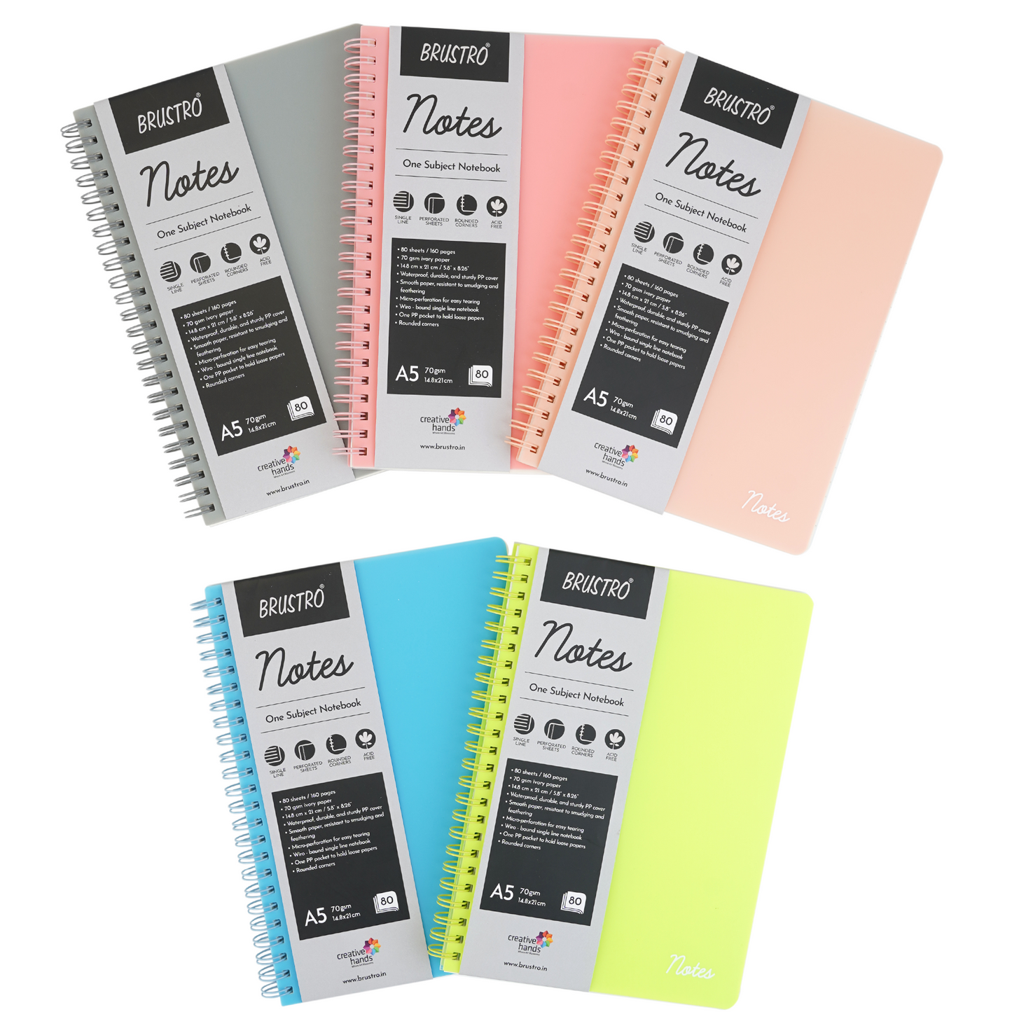 BRUSTRO Notes A5 Size,1 Subject Ruled Notebooks (Set of 5),80 sheets/160 pages,70 gsm ivory paper, Caramel/Aqua/Lime/Blush/Slate Cover,