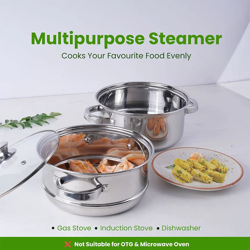 Tri-steel Multi Purpose Stainless Steel Steamer with Sandwich bottom  | Vegetable Steamer | Khandvi/Modak/Momo Maker | Steaming Pot 1.42 Kg / 1.9 Kg, 2 Tier / 3 Tier