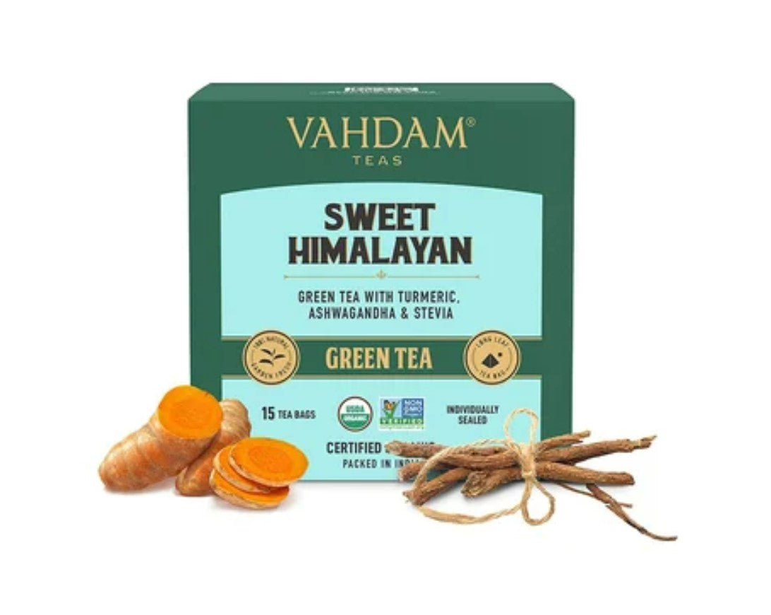 Vahdam Organic Sweet Himalayan Turmeric, Ashwagandha & Stevia Green Tea Bags - 15 Teabags