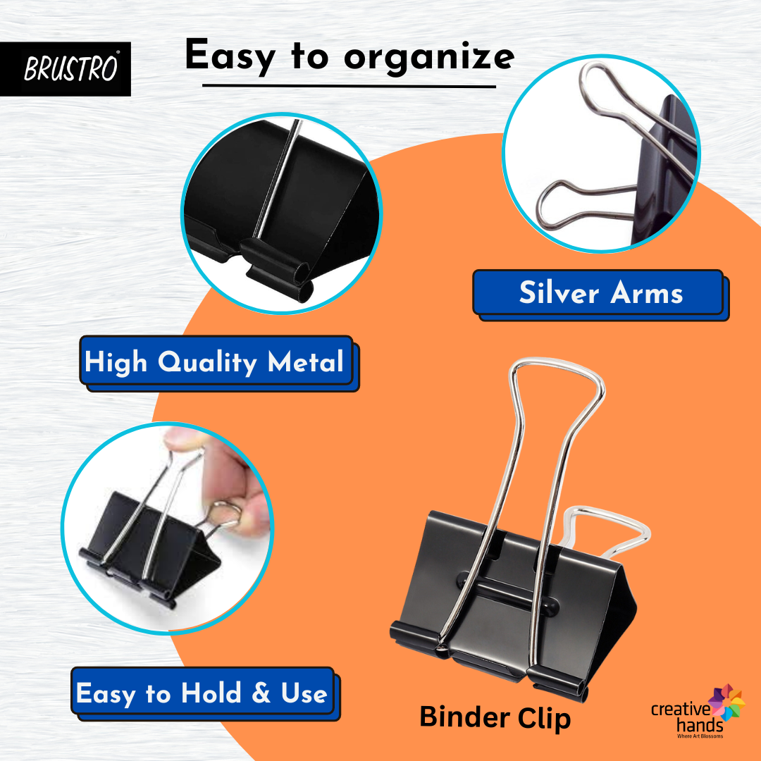 BRUSTRO Assorted Clip Box | Includes 120 Paper Clips-28mm & 56 Binder Clips (25mm- 6 pcs| 19mm- 15 pcs| 15mm- 35pcs) | Home, Office, Stationery use, Ideal for Students and Adults, Reusable, Flexible