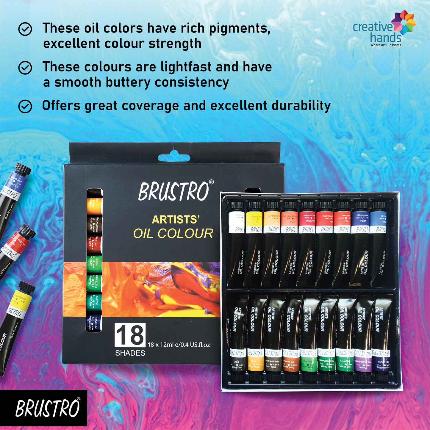 Brustro White Bristle Hair Brushes (Pack of 13) with Artists Oil Colour Set of 18 Colours X 12ML Tubes and Oil Painting Paper 300 GSM A4 (Pack of 9 + 3 Free Sheets)