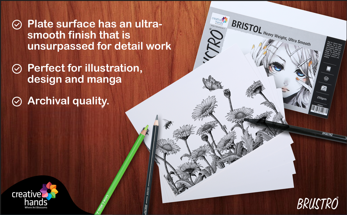 Brustro Ultra Smooth Bristol Sheets, A4 Size, 250 GSM Pack of 20 + 4 Free Sheets