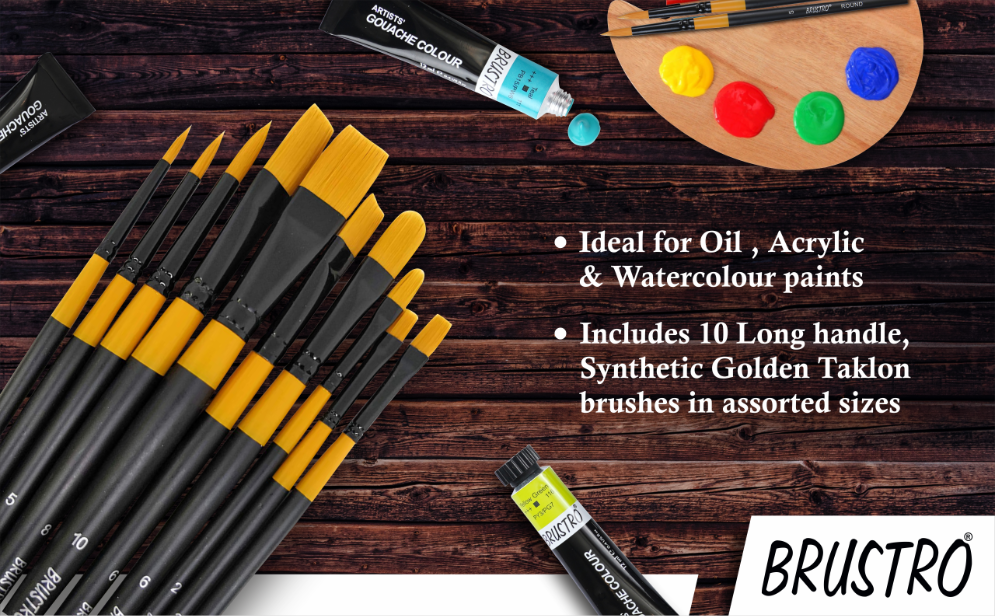 BRUSTRO Artists Gold Taklon Brushes Set of 10| Ideal for Acrylics, Oil paintings, Watercolour | long handle, Bright, Filbert, Flat, Round, Professional Art, School, Office Use.