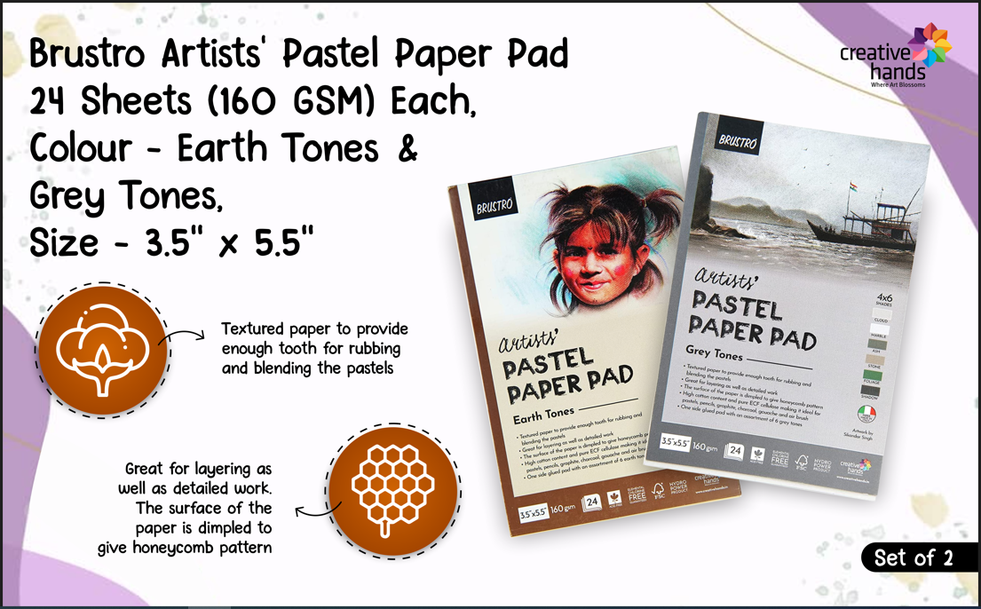 Brustro Artists' Pastel Paper Pad Set of 2, 24 Sheets (160 GSM) Each, Colour - Earth Tones & Grey Tones, Size - 3.5" x 5.5"