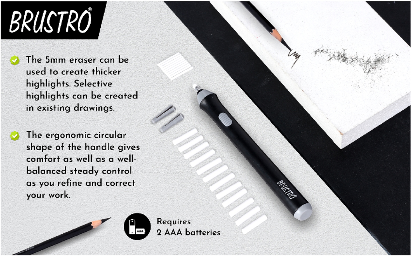 BRUSTRO Automatic Eraser | 2.3mm, 5mm| 22 Refills, 2 Eraser Holders | Ideal for Students and Adults, Drawing, Sketching, Mandala, Portrait | Battery Operated, Electric (Batteries not Included)