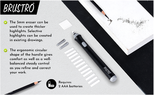 BRUSTRO Automatic Eraser | 2.3mm, 5mm| 22 Refills, 2 Eraser Holders | Ideal for Students and Adults, Drawing, Sketching, Mandala, Portrait | Battery Operated, Electric (Batteries not Included)
