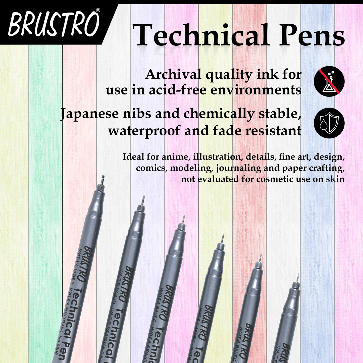 BRUSTRO Technical Pen Fineliner Set|Black| Set of 6| Tip Size- 0.05mmI0.1mmI0.2mm|0.3mmI0.5mmI0.8mm|Ideal for Students,Adults|Doodle,Mandala,Fineart,Outline,Waterproof,Architecture,Technical Drawing