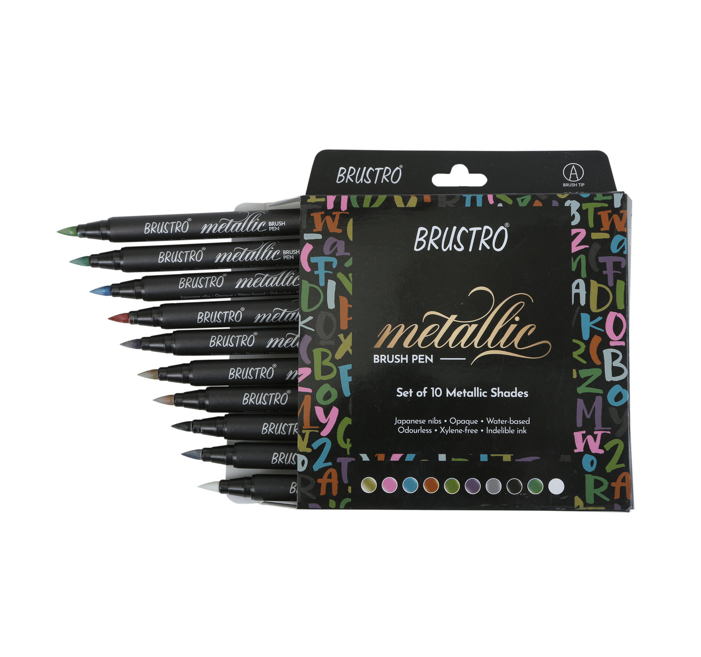 BRUSTRO Metallic Brush Pens - Soft Brush Tip Set of 10 Colors. with Colour Brush Pens Set of 12 (Pigment Based, Hard tip Brush Pen) Flexible tip for Calligraphy, Lettering and Drawing Techniques.