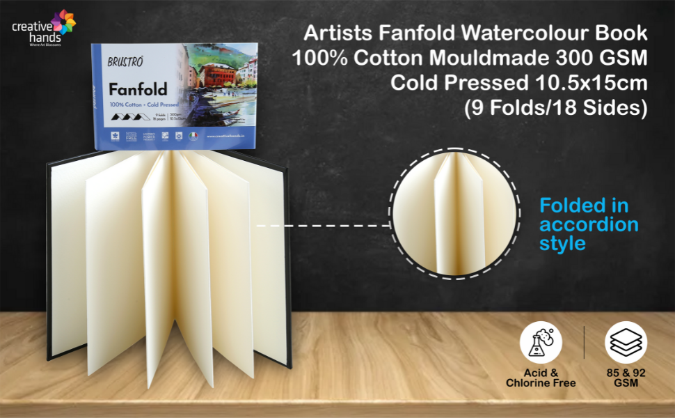 Brustro Artists Fanfold Watercolour Book 100% Cotton Mouldmade 300 GSM Cold Pressed 10.5x15cm.(9 Folds/18 Sides)