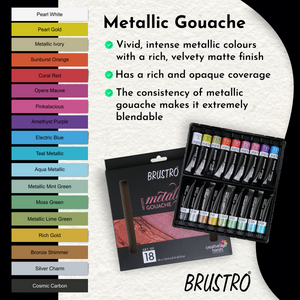 Brustro Metallic Gouache Set of 18 with Kolinsky Imitation WC Travel Brush Round Size 6 & Black Sketchbook, Wiro Bound, Size A5