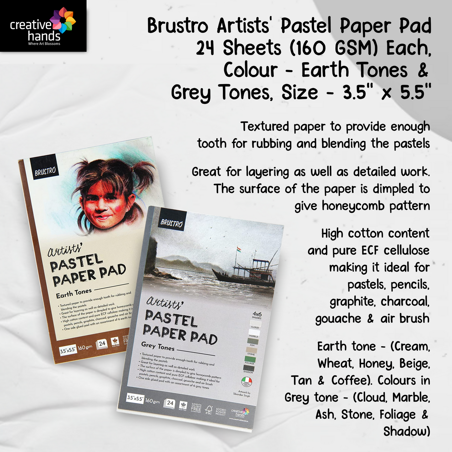 Brustro Artists' Pastel Paper Pad Set of 2, 24 Sheets (160 GSM) Each, Colour - Earth Tones & Grey Tones, Size - 3.5" x 5.5"