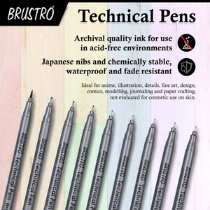 BRUSTRO Technical Pen Fineliner Set| Black| Tip Size- 0.05|0.1|0.2|0.3|0.4|0.5|0.6|0.8 mm| & Brush - Set of 9 | Ideal for Doodle,Mandala,Fineart,Architecture,Technical Drawing,Illustrations,Waterproof