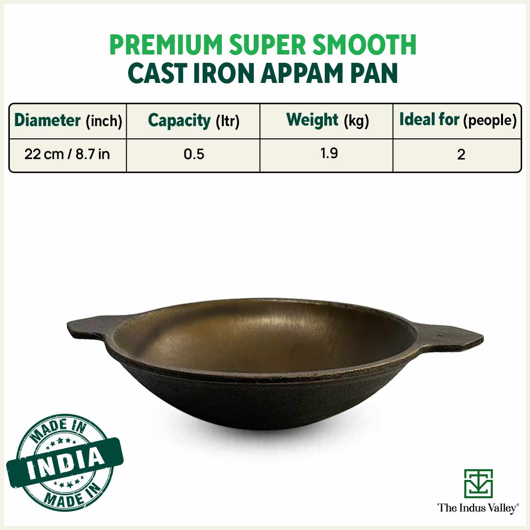 Super Smooth Cast Iron Appam Pan/Appachetty, Pre-seasoned, Nonstick, 100% Pure, Toxin-free, 22cm, 1.9kg