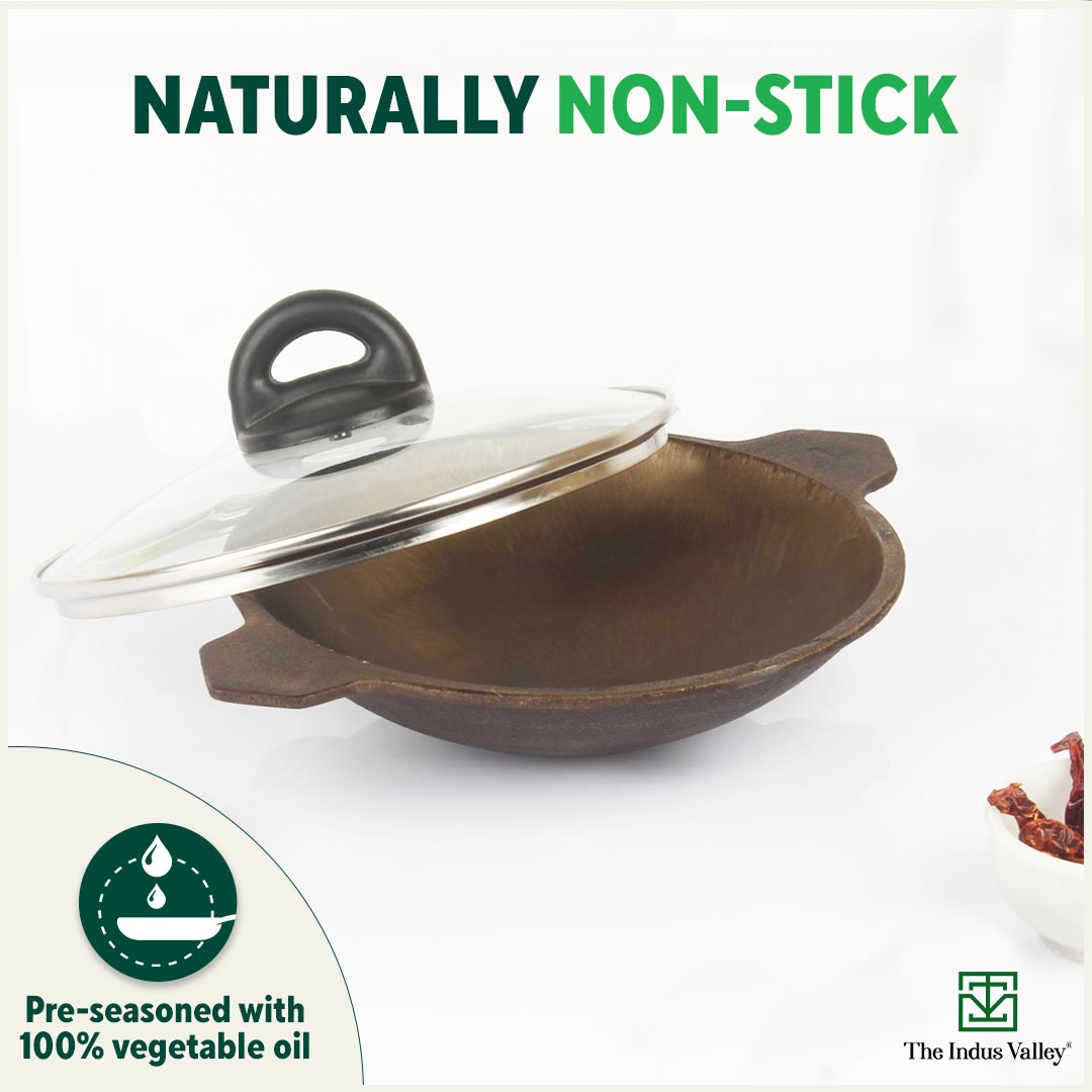 Super Smooth Cast Iron Appam Pan/Appachetty, Glass Lid,Pre-seasoned, Nonstick, 100% Pure, Toxin-free, 22cm, 1.9kg