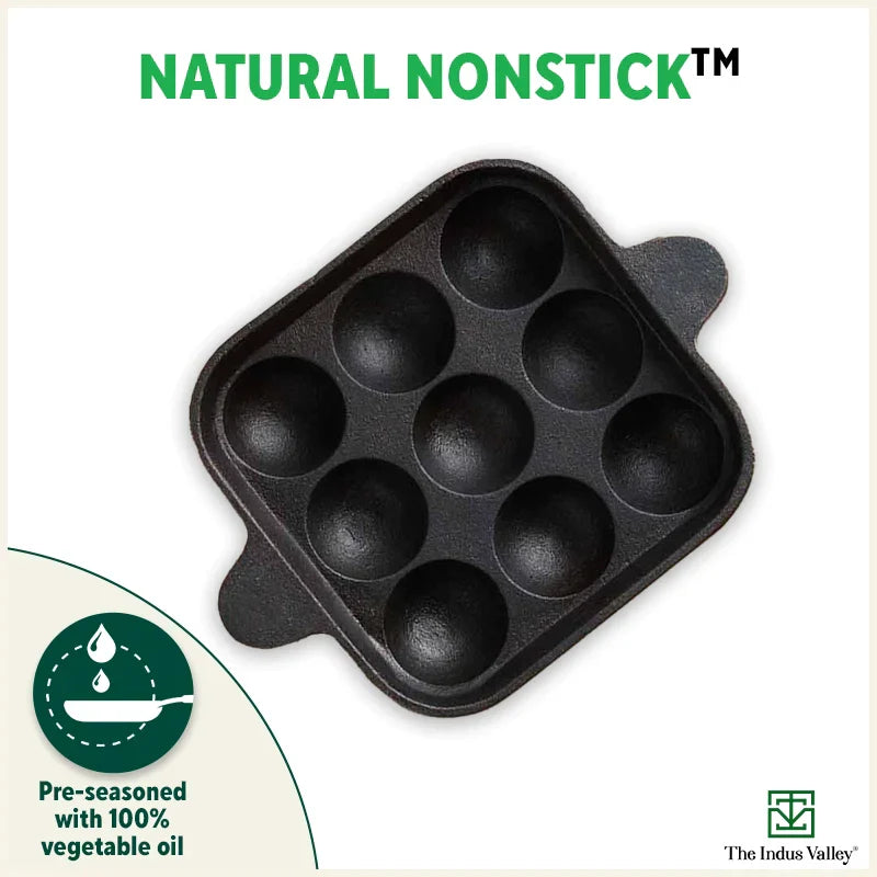 9 Pit/Cup CASTrong Cast Iron Paniyaram/Appe Pan+ Free Spatula, Pre-seasoned, Natural Nonstick, 100% Pure, Toxin-free, 24 cm, 1.34 kg