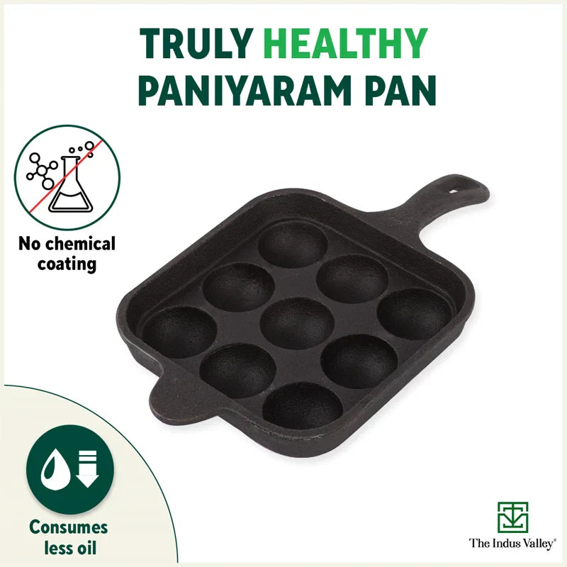 9 Pit/Cup CASTrong Cast Iron Paniyaram/Appe pan+ Free Spatula, Square, Long handle, Pre-seasoned, Nonstick, 100% Pure, Toxin-free, 18.5cm, 2.4kg