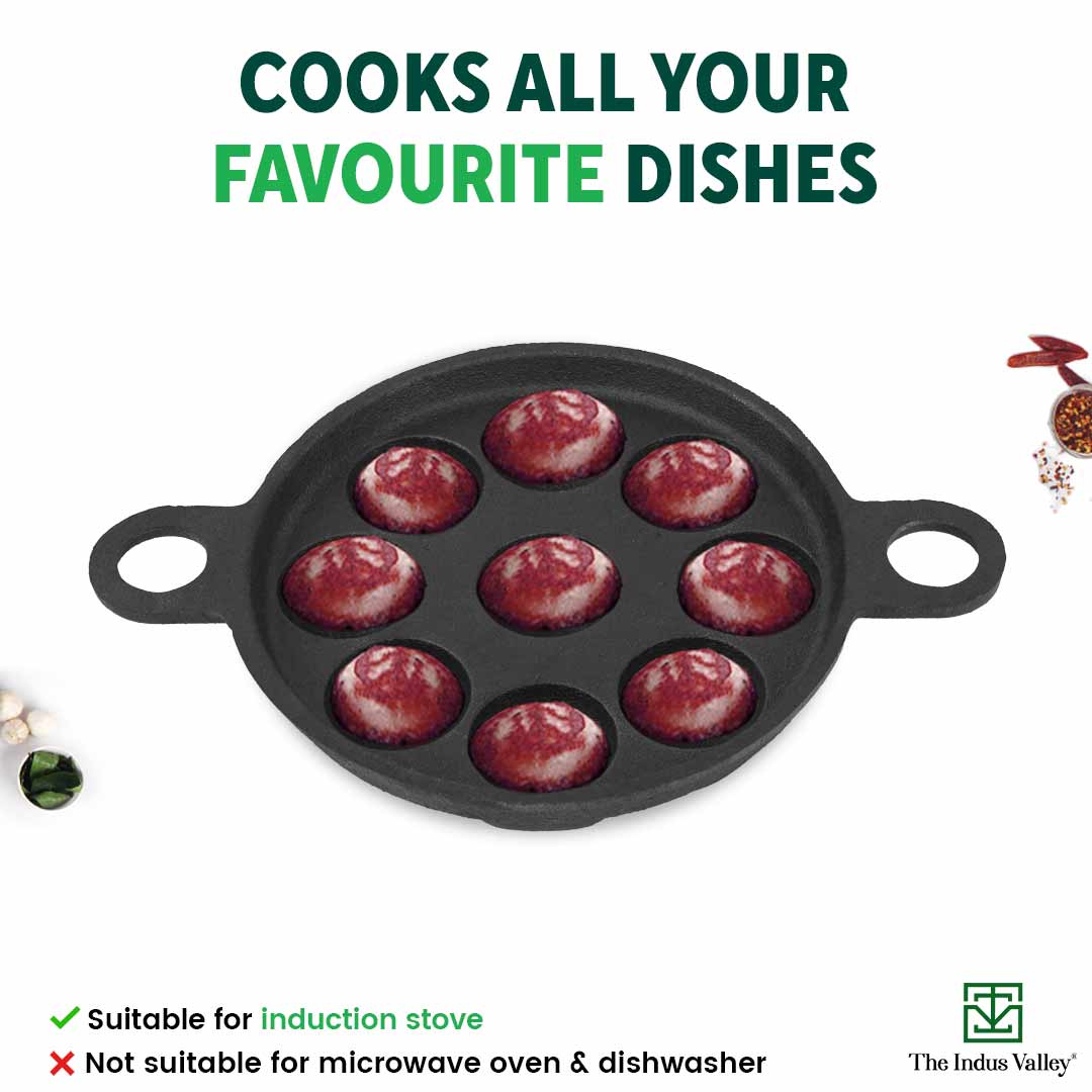 Super Smooth 9 Pit/Cup Cast Iron Paniyaram/Appe Pan+ Free Spatula, Pre-seasoned, Natural Nonstick, 100% Pure, Toxin-free, 21 cm, 2.8kg