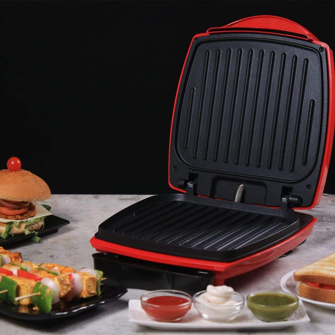 Sanjeev Kapoor Tandoor Burger And Grill Master, Non-stick Grilling Plates, Die-cast Aluminium, Transparent Bun Warmer, 1 Year Warranty