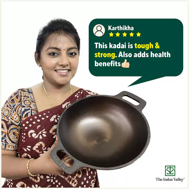 Super Smooth Cast Iron Kadai (Wok)+ Glass Lid, Pre-seasoned, Nonstick, 100% Pure,Toxin-free, 25.4cm, 2.5L, 2.4kg