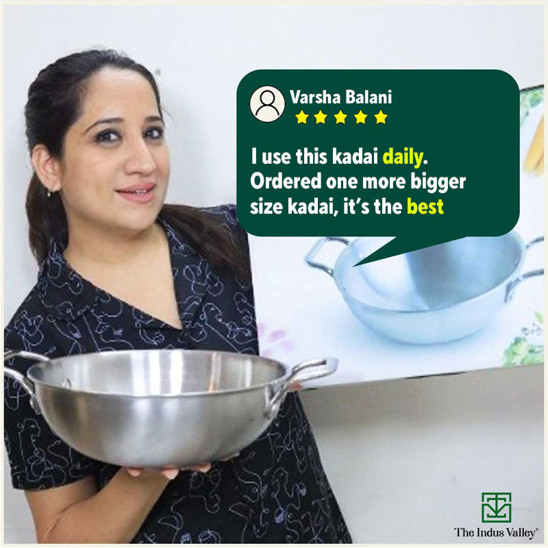 TurboCuk Tri-ply Stainless Steel Kadai+ Glass Lid, Premium Quality, 3 Layer Thick Body, 100% Toxin-free, Non-stick, Induction & Gas, 1.7/2.7/4L