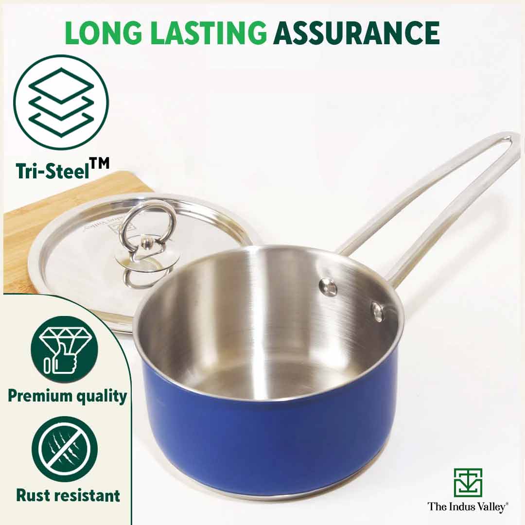 Tri-Steel Premium Stainless Steel Saucepan/ Milk/ Tea Pan, Tri-ply (3 Layer) Induction Bottom, Steel Lid, 1.4L, Blue