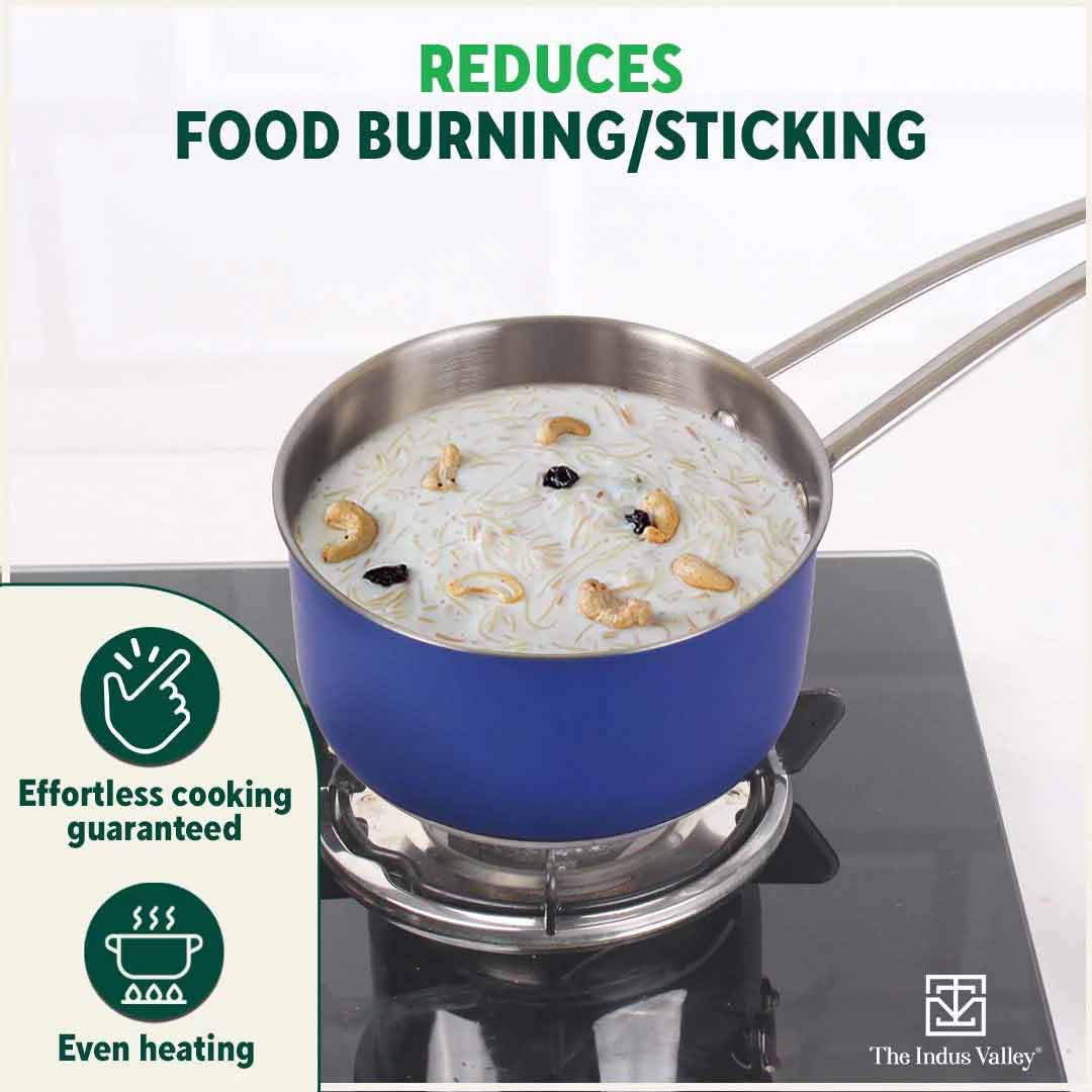 Tri-Steel Premium Stainless Steel Saucepan/ Milk/ Tea Pan, Tri-ply (3 Layer) Induction Bottom, Steel Lid, 1.4L, Blue