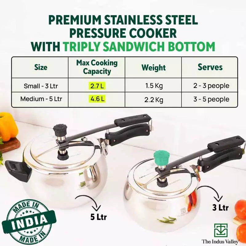3L+5L QuicKooker Stainless Steel Pressure Cooker Combo+ Free ₹600 Wood Chopping Board, Premium Quality, Tri-ply (3 Layer) Heavy Bottom, 3Yr Warranty, ISI Certified, Induction & Gas