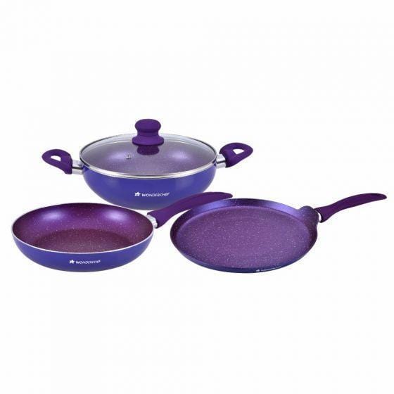 Blueberry Aluminium Non-Stick Cookware Set of 4 | Kadhai with Glass Lid 24cm, Fry Pan 24cm & Dosa Tawa 25cm | Induction Friendly Cookware | Soft Touch Handle | Pure Grade Aluminium | PFOA Free | 2 Year Warranty | Blue