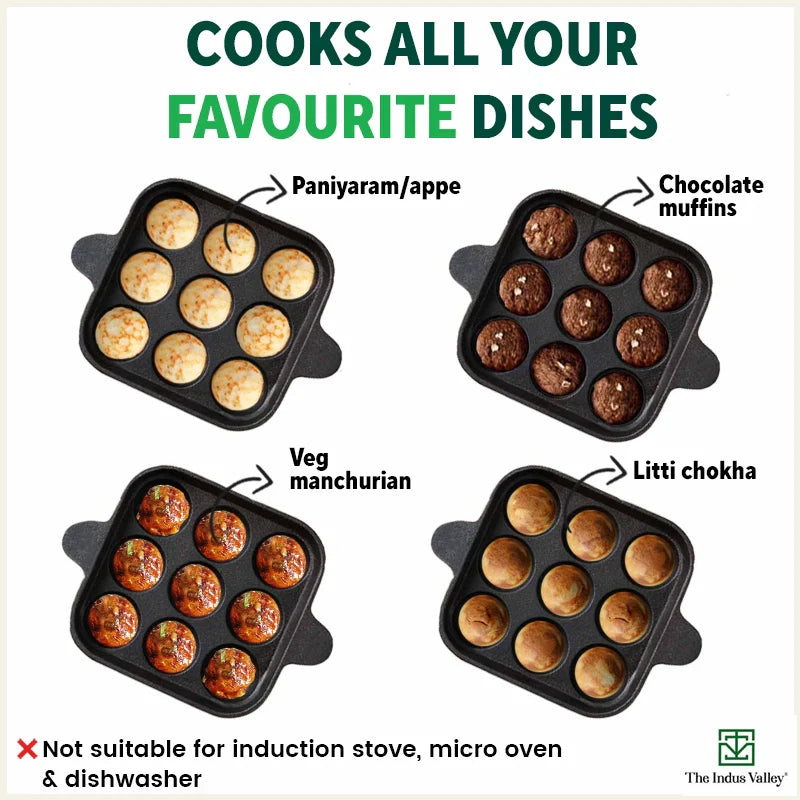 9 Pit/Cup CASTrong Cast Iron Paniyaram/Appe Pan+ Free Spatula, Pre-seasoned, Natural Nonstick, 100% Pure, Toxin-free, 24 cm, 1.34 kg