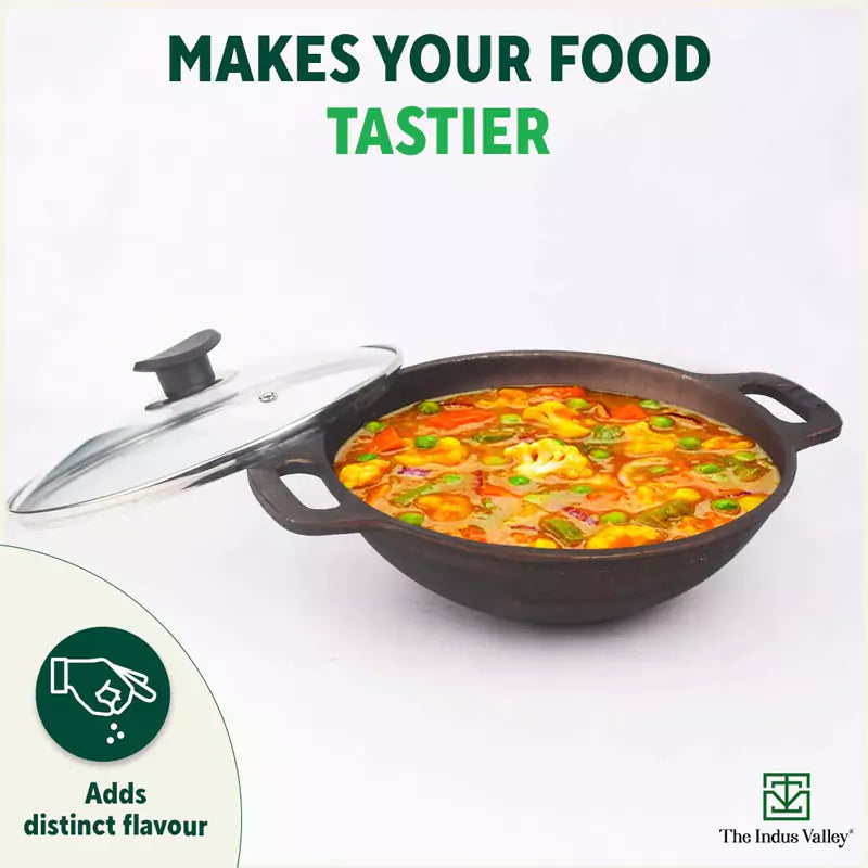 Super Smooth Cast Iron Kadai (Wok)+ Glass Lid, Pre-seasoned, Nonstick, 100% Pure,Toxin-free, 25.4cm, 2.5L, 2.4kg