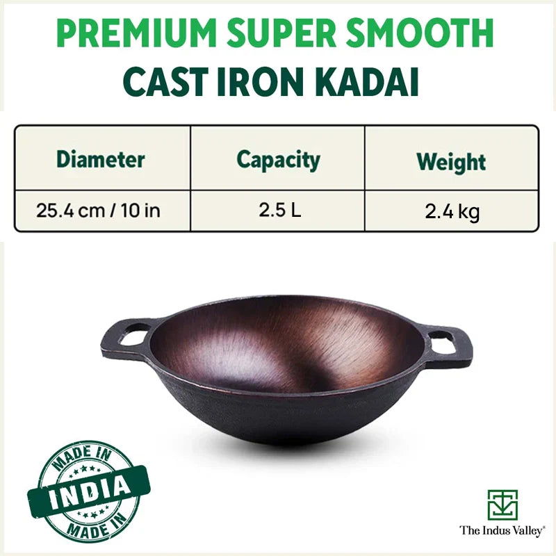 Super Smooth Cast Iron Kadai,Pre-seasoned, Nonstick, 100% Pure, Toxin-free, Free ₹110 Spatula, 25.4cm, 2.5L, 2.4kg