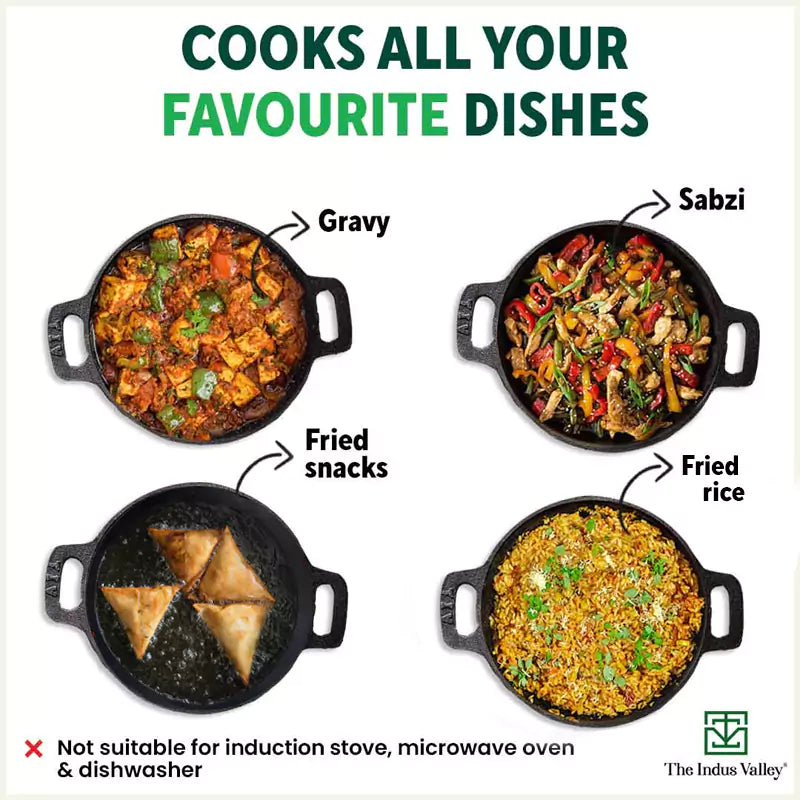 Super Smooth Cast Iron Kadai (Wok)+ Glass Lid, Pre-seasoned, Nonstick, 100% Pure,Toxin-free, 25.4cm, 2.5L, 2.4kg