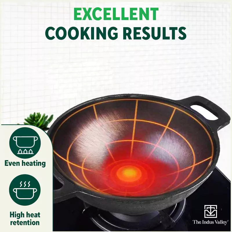 Super Smooth Cast Iron Kadai (Wok)+ Glass Lid, Pre-seasoned, Nonstick, 100% Pure,Toxin-free, 25.4cm, 2.5L, 2.4kg
