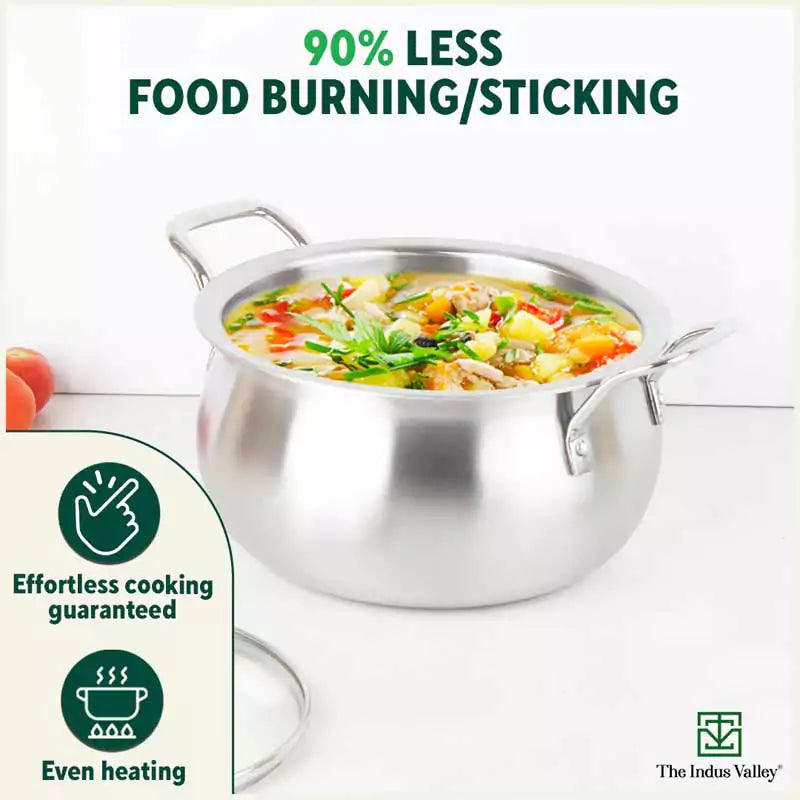 TurboCuk Tri-ply Stainless Steel Handi Casserole/ Biryani Cooking Pot+ Glass Lid, Premium Quality, 3 Layer Thick Body, 100% Toxin-free, Non-stick, Induction & Gas, 4L