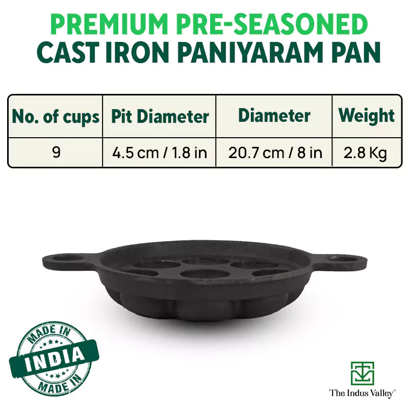 Super Smooth 9 Pit/Cup Cast Iron Paniyaram/Appe Pan+ Free Spatula, Pre-seasoned, Natural Nonstick, 100% Pure, Toxin-free, 21 cm, 2.8kg