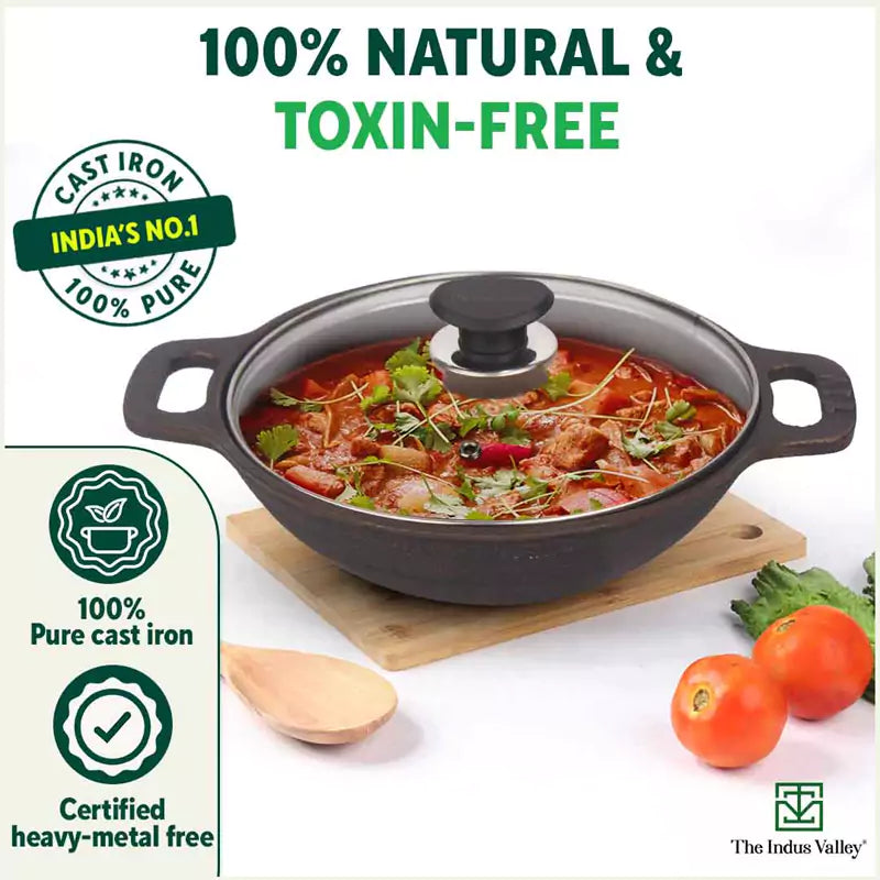 Super Smooth Cast Iron Kadai (Wok)+ Glass Lid, Pre-seasoned, Nonstick, 100% Pure,Toxin-free, 25.4cm, 2.5L, 2.4kg
