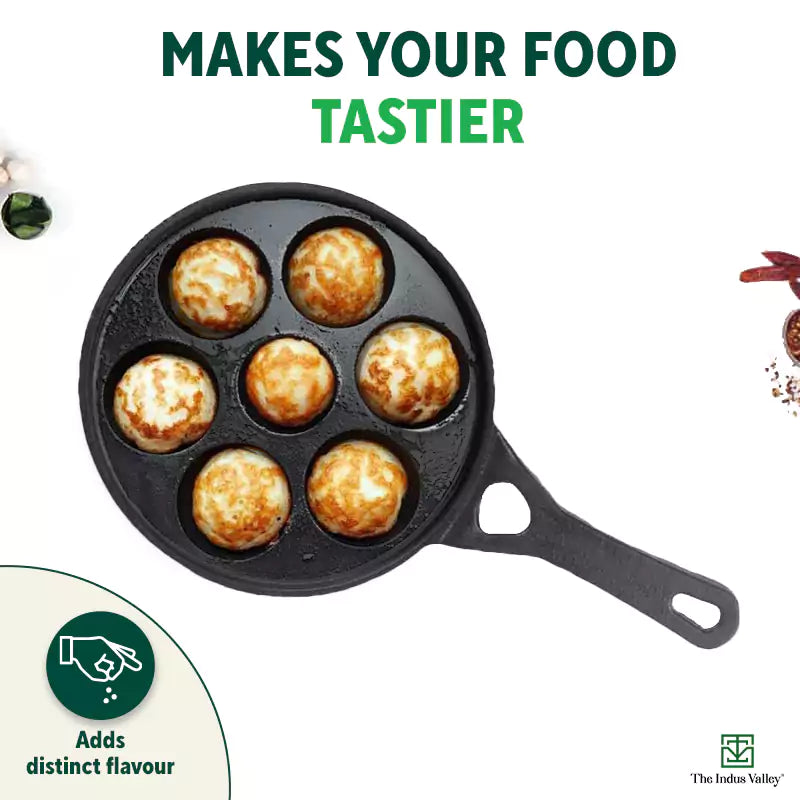 7 Pit/Cup CASTrong Cast Iron Paniyaram/Appe pan+ Free Spatula, Round, Long handle, Pre-seasoned, Nonstick, 100% Pure, Toxin-free, 21.5cm, 1.7kg