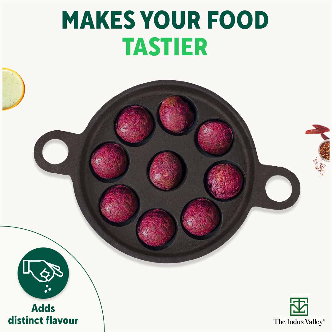 Super Smooth 9 Pit/Cup Cast Iron Paniyaram/Appe Pan+ Free Spatula, Pre-seasoned, Natural Nonstick, 100% Pure, Toxin-free, 21 cm, 2.8kg