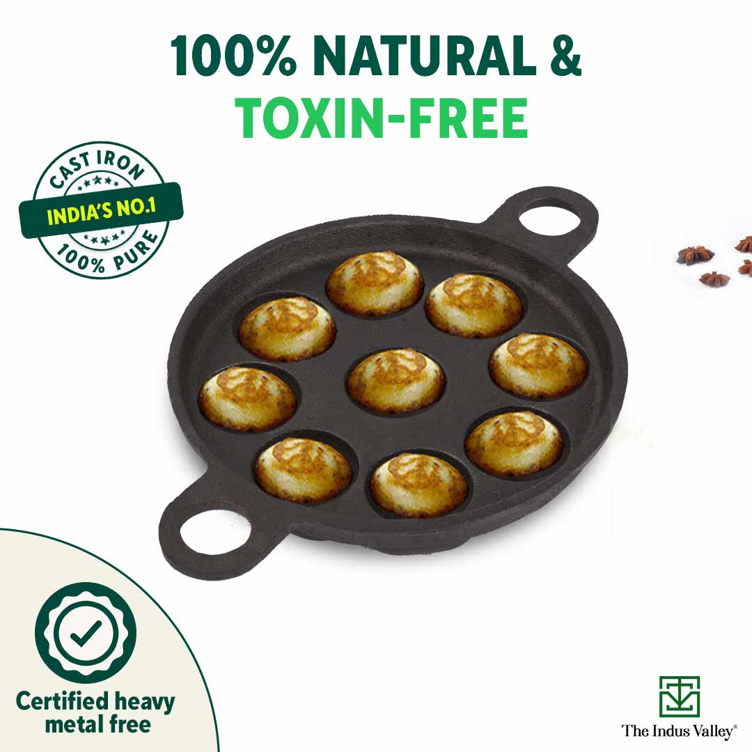 Super Smooth 9 Pit/Cup Cast Iron Paniyaram/Appe Pan+ Free Spatula, Pre-seasoned, Natural Nonstick, 100% Pure, Toxin-free, 21 cm, 2.8kg