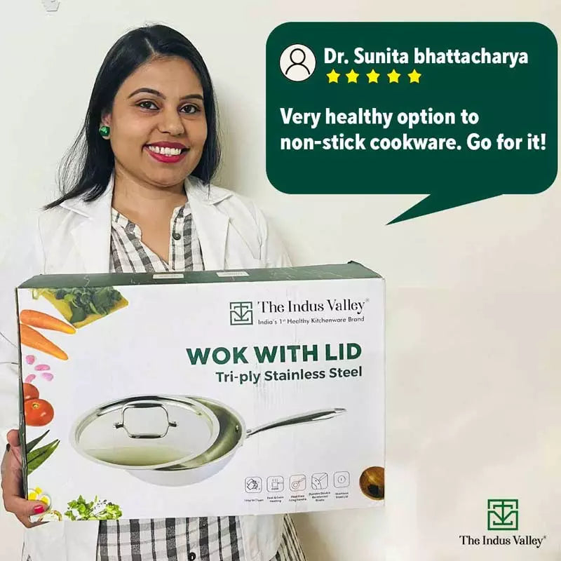 TurboCuk Tri-ply Stainless Steel Wok/Fry Pan+ Steel Lid, Premium Quality, 3 Layer Thick Body, 100% Toxin-free, Non-stick, Induction & Gas, 1.8/2.3L, 1.3/1.4kg