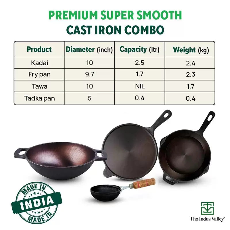 Super Smooth Cast Iron Set: Kadai+ Tawa+ Frypan, Kitchen set for Home, Nonstick, 100% Pure, Toxin-free, Free ₹400 Tadka Pan
