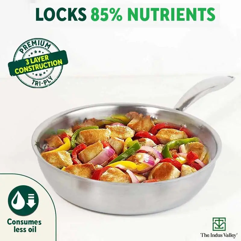 TurboCuk Tri-ply Stainless Steel Deep Fry Pan, Premium Quality, 3 Layer Thick Body, 100% Toxin-free, Non-stick, Induction & Gas, 22.1cm, 1.6L